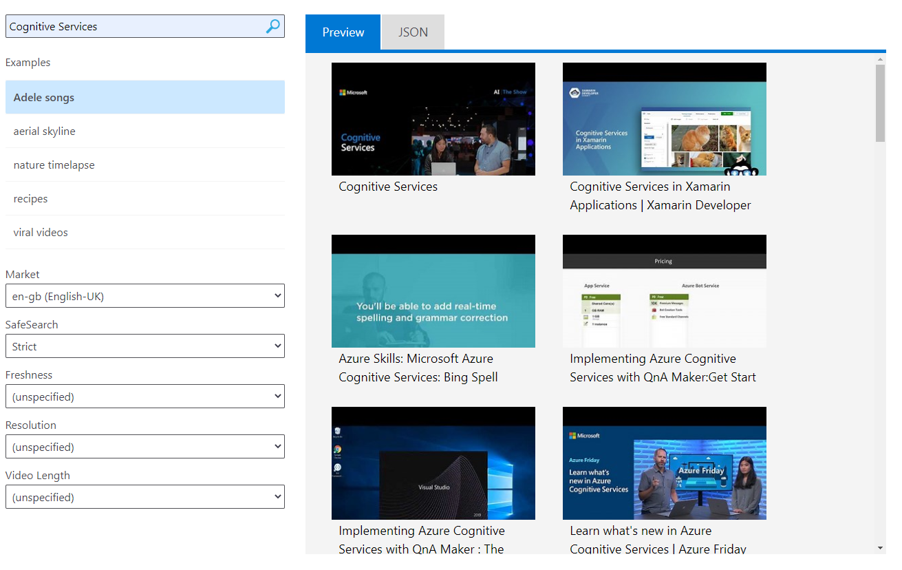 Cognitive Services: Bing Video Search